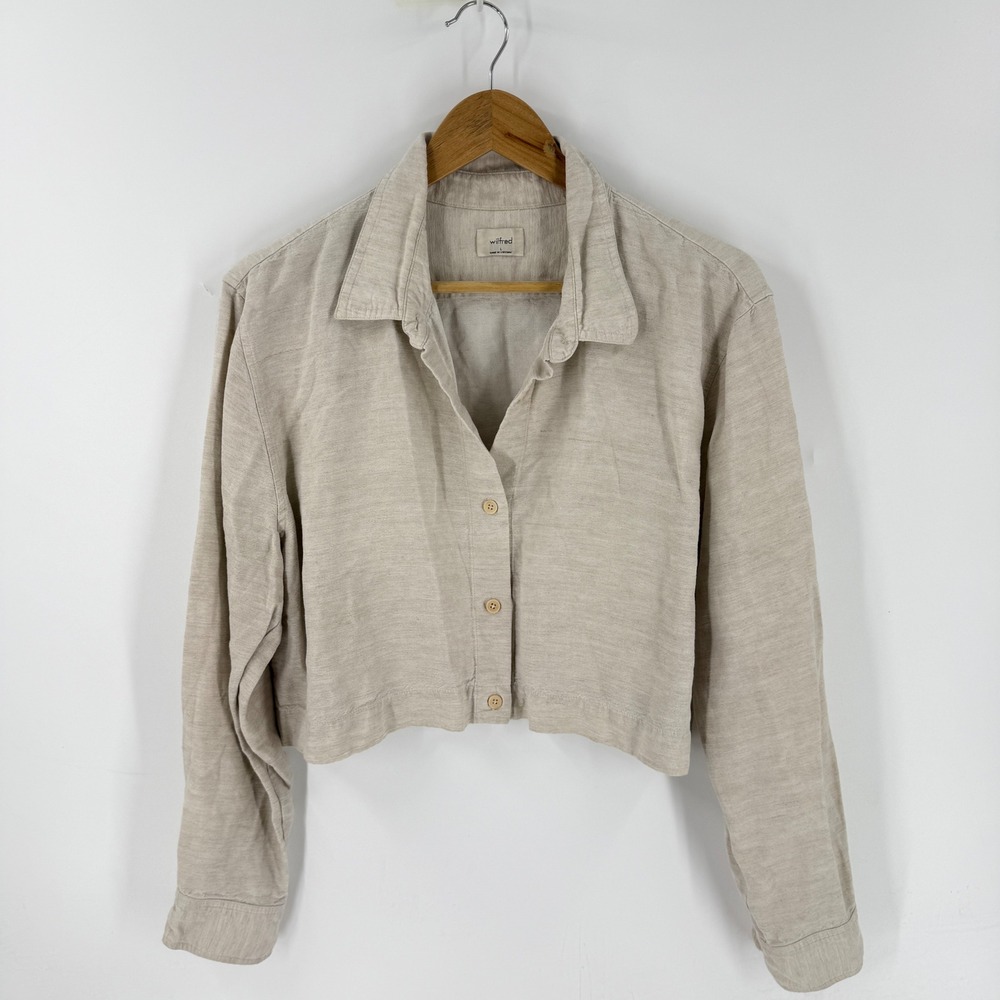 Wilfred Cropped Button Up Shirt Beige Large Linen Blend Minimalist Neutral